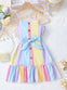 Girls' Summer Striped Sleeveless Dress with Ruffle Hem, Button Details & Belt - Colorful Pastel Stripes FD6112H